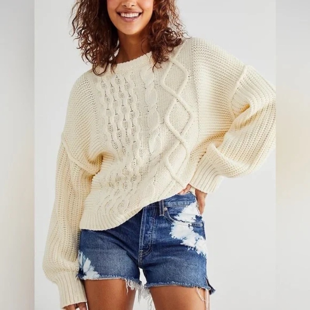 Free People Dream Sweater Cableknit Cotton Blend Crew Neck Sz S